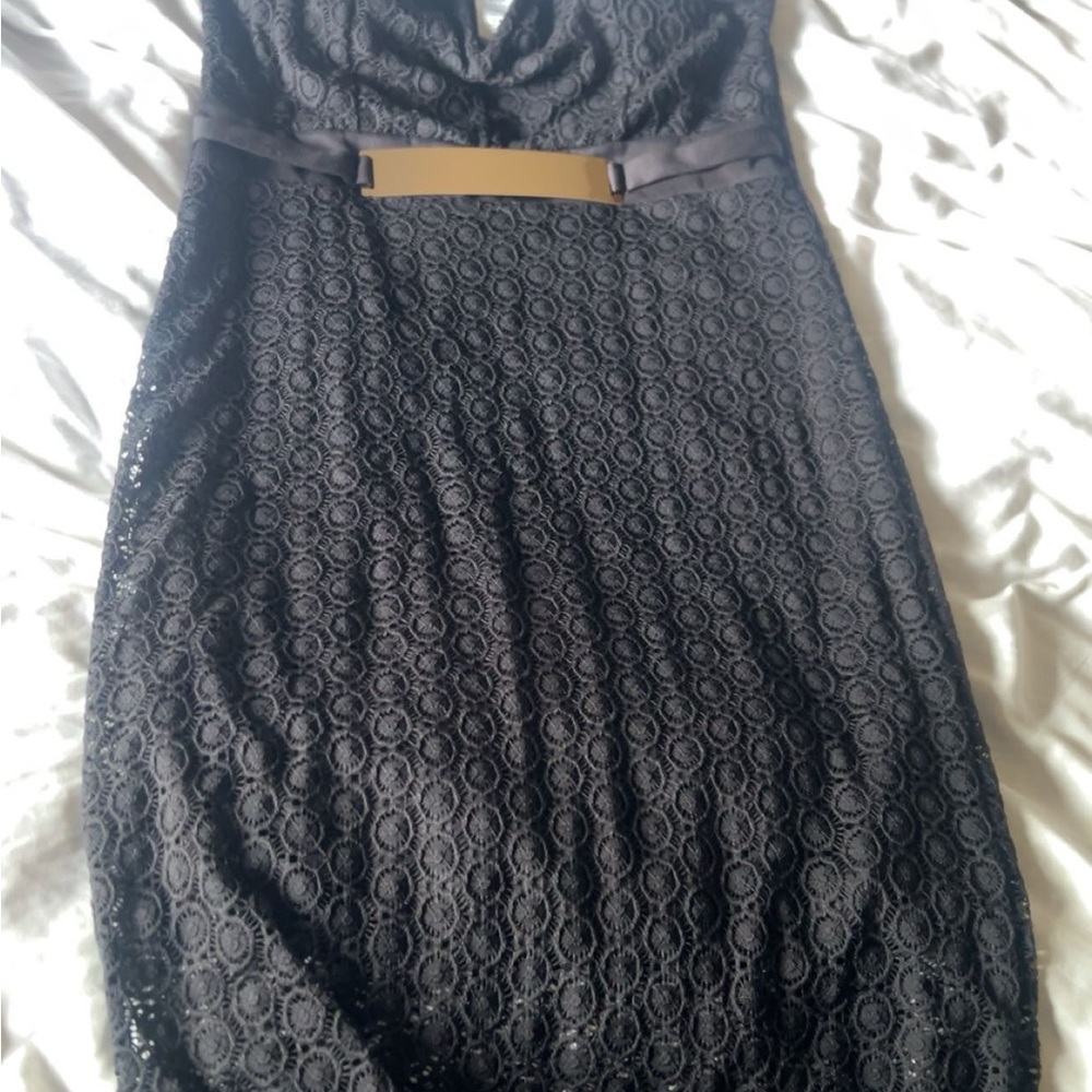 Jasmine Black Lace Midi Dress with Gold Accent